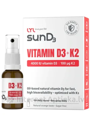 LYL sunD3 D3+K2 | 4000 SV+100 µg (150 devas) sprejs, 15 ml