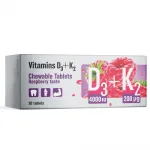 Vitamīni D3+K2, 30 košļājamas tabletes