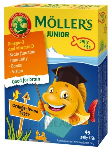MOLLERS Junior Ar Apelsīnu un Citrona Garšu želejas zivtiņas, 45 gab.