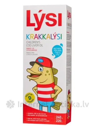 Lysi Bērnu mencu aknu eļļa ar mango un citrusaugļu garšu, 240 ml