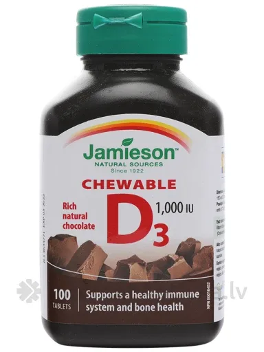 JAMIESON Vitamin D 1000 IU (25 µg) Chocolat košļājamās tabletes, 100 gab.