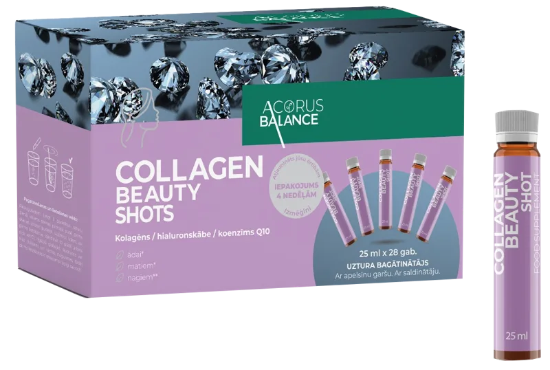 ACORUS BALANCE Collagen Beauty Shots, ar Apelsīna Garšu, 25 ml ampulas, 28 ml