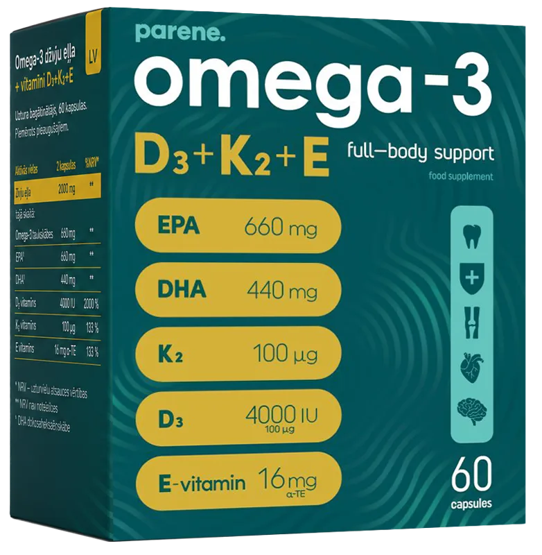 PARENE Omega-3 D3+K2+E kapsulas, 60 gab.