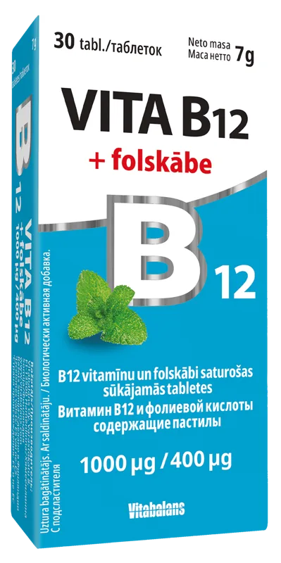 VITABALANS Vita B12 + folskābe 1000 µg /400 µg sūkājamās tabletes, 30 gab.