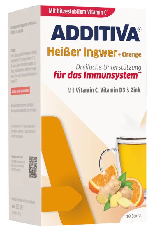 ADDITIVA ingvers + apelsīns + C  vitamīns + cinks + D3 vitamīns karstais dzēriens, 10 gab.