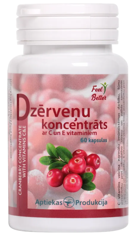 APTIEKAS PRODUKCIJA Dzērveņu Koncentrāts Ar C Un E Vitamīniem kapsulas, 60 gab.