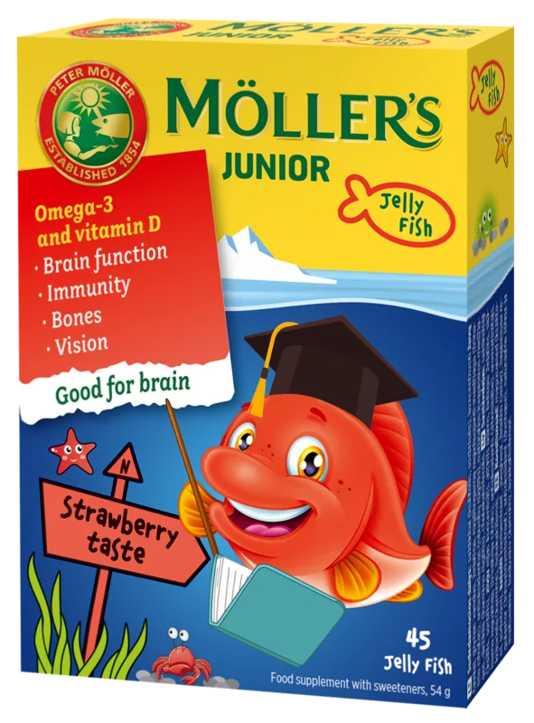 MOLLERS Junior Zivju Eļļa Zemeņu Garša želejas zivtiņas, 45 gab.